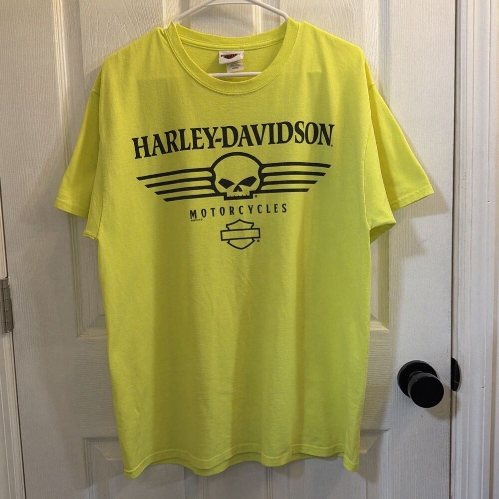 Harley Davidson RK Stratman T Shirt Mens L Neon Yellow Skull Hunters Moon 2015